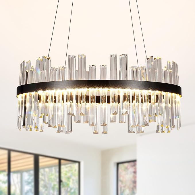 Modern Round Crystal Led Chandelier: 23.6" Black Contemporary K9 Crystals Large Chandeliers - Dimmable 3 Color Drum Ceiling Chandelier - Height Adjustable Circular Light Fixture for Bedroom Kitchen