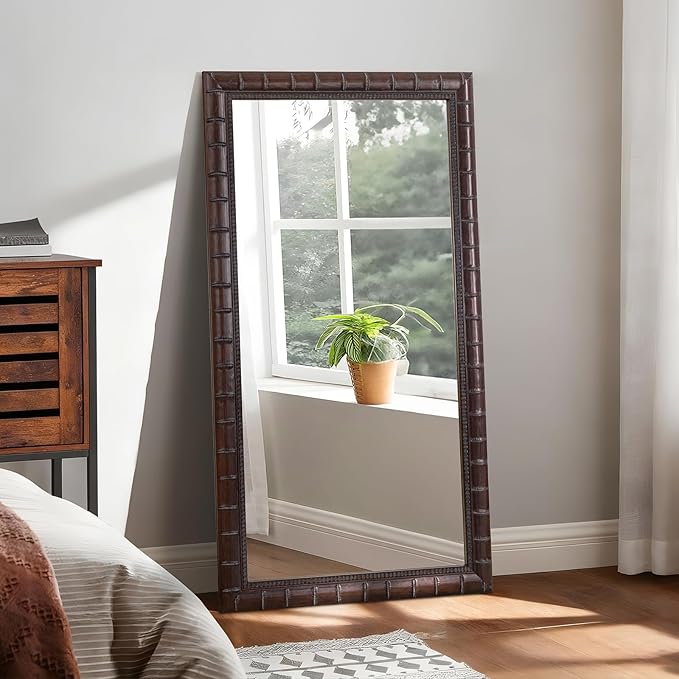 Large Brozne Decorative Mirror for Living Room, 53'' x 29'' Antiuqe Dining Room Mirrors with Bamboo-Joint Frame, Classic Vintage Brozne Wooden Mirror for Entryway, Fireplace, Horizontal/Vertical