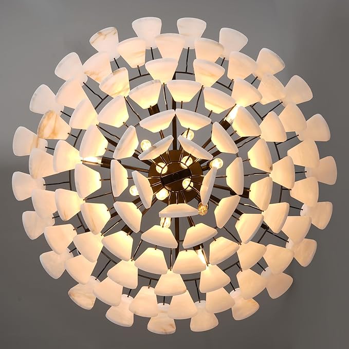 Alabaster Chandelier, D31.5 in Modern Round Chandelier, 6-Tiers Luxury Large White Marble Black Chandeliers for Dining Room Bedroom Foyer Living Room Entryway