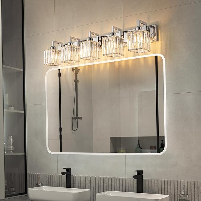 Modern Bathroom Vanity Light 5-Lights Chrome Crystal Wall Lamp Bathroom Modern Crystal Vanity Lighting