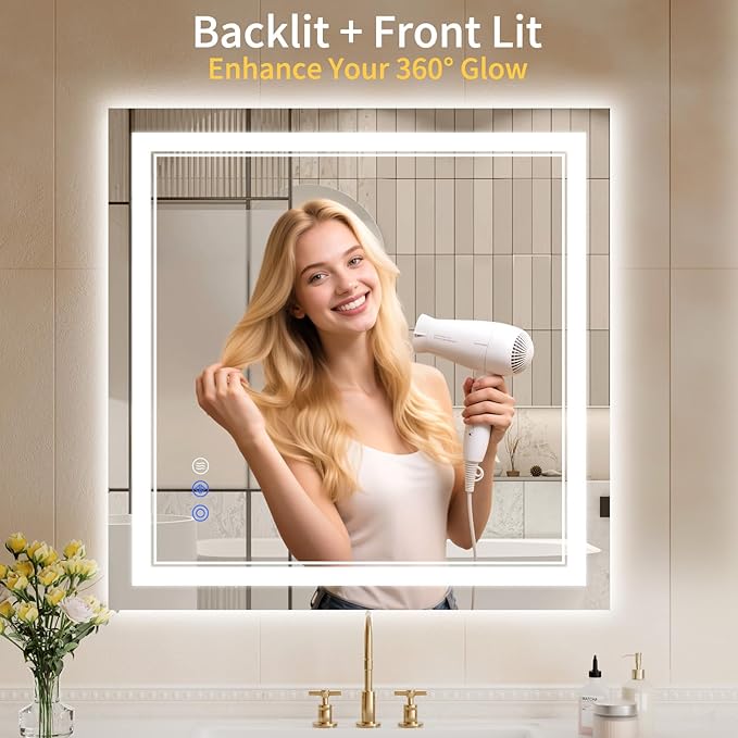 30"x30" LED Bathroom Mirror with Lights, Anti-Fog, Backlit + Front Lit, Dimmable, Led Vanity Mirror for Wall, Lighted Bathroom Mirror,3 Colors, Shatter-Proof Tempered Glass