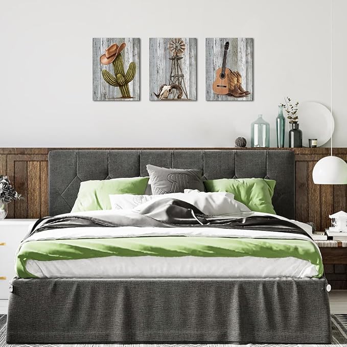 KLVOS 3 Pcs Cowboy Wall Art Vintage Western Canvas Print Cactus Windmill Cowboy Boots and Hat Painting on Wooden Background Picture Farmhouse Decor Framed