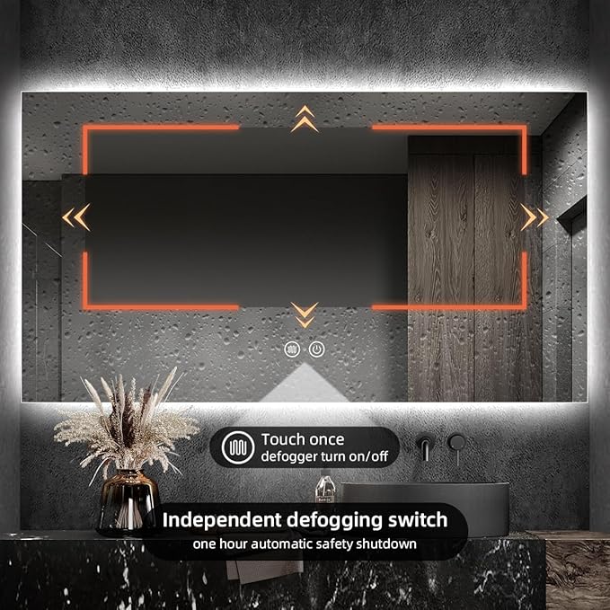 Backlit LED Bathroom Mirror, Infrared Motion Sensor Vanity Mirror with 3-Color Lights, Stepless Dimmable Wall Lighted Mirror with Anti-Fog, Memory, Rectangular (36" L x 48" W)