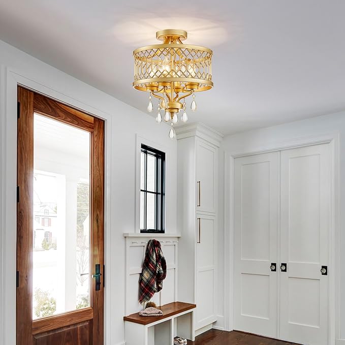 Crystal Ceiling Light Fixture, Farmhouse Semi Flush Mount Ceiling Light, Gold Crystal Chandeliers for Dining Room Light Fixture, Hallway Lighting Fixtures for Kitchen Bedroom Bathroom Foyer Entryway