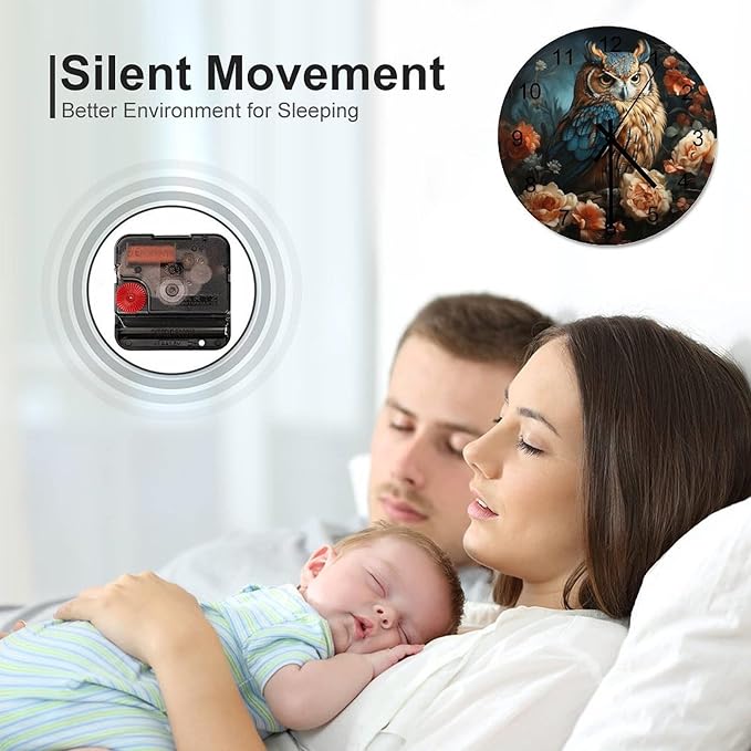 Owl-Themed Round Wall Clock, Rose Retro Art Style for Those Who Stay Up Late, Watercolor Cartoon Owl Handsome, Wooden Silent Wall Clock for The Bedroom 12x12INCH