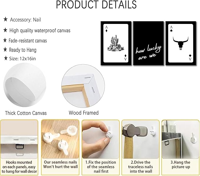 3Pcs Black and White Western Canvas Wall Art Country Southwest Poster Vintage Poker Ace Picture Cactus Bull Skull and How Lucky We Are Painting for Bedroom Living Room 12x16in Framed