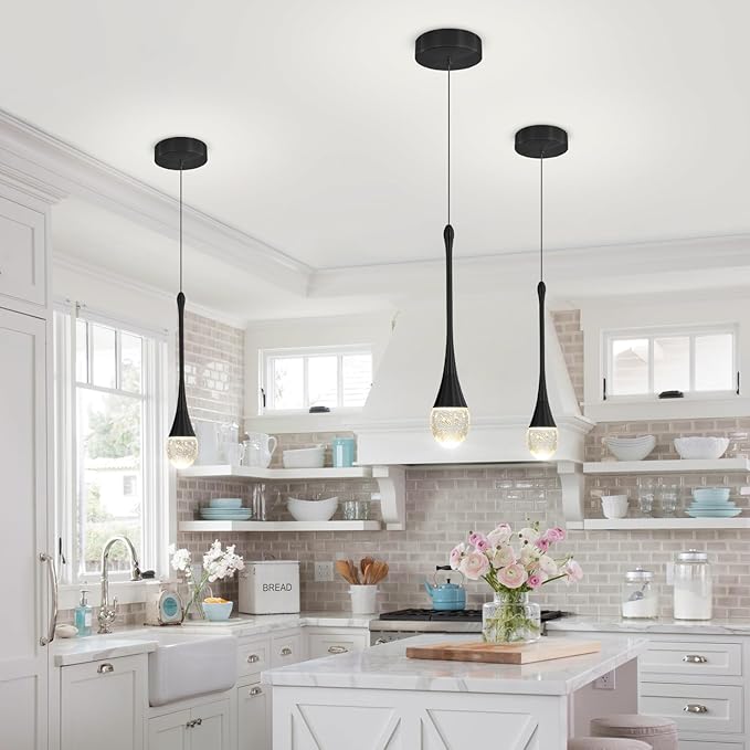 Modern Pendant Lights for Kitchen lsland LED Dimmable Raindrop Chandelier Crystal Ceiling Pendant Lighting for Dining Room Hallway Bar Living Room (3 Pack)