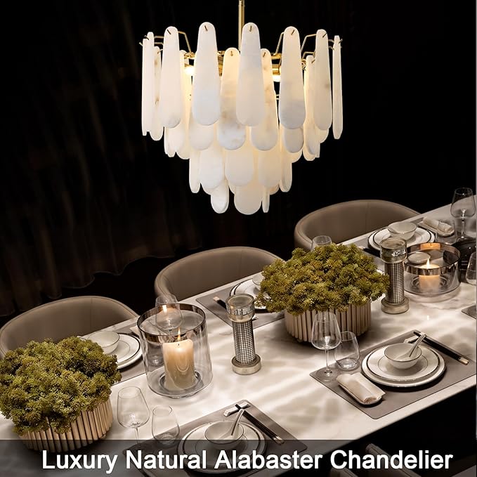 Alabaster Chandelier, D23.6in Modern Alabaster Round Dining Room Chandelier, 4-Tiers Luxury Natural Stone Ceiling Light Fixture, White Marble Chandeliers for Living Room Bedroom Foyer Entryway Kitchen