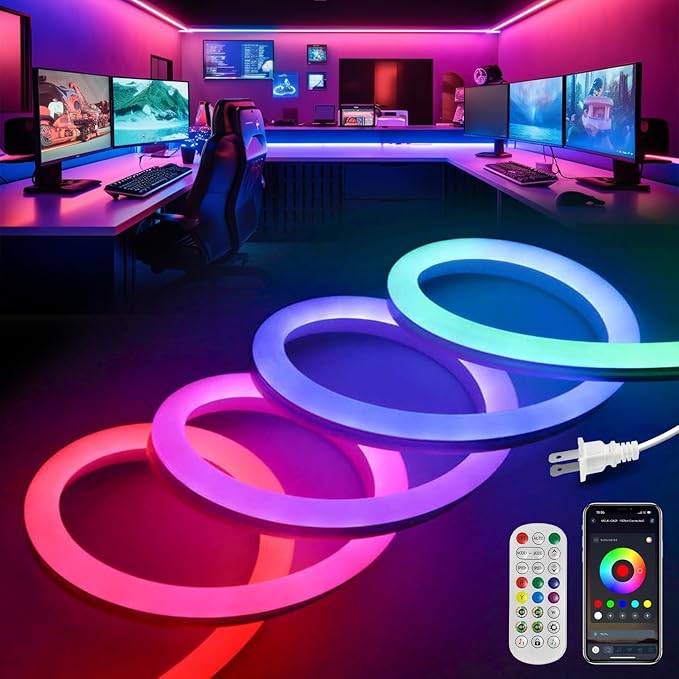 LED Neon Lights,IC+RGB 16.4FT Rope Lights Control with App/Remote,Multiple Modes,DIY Design,Outdoor IP65 Waterproof,24V Flexible LED Strip Lights for Bedroom,Gaming,Party Decoration