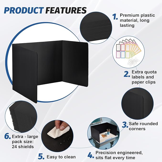 24 Pack Desk Dividers for Students,3-Fold Privacy Screens,Testing Dividers for Classroom Waterproof,Plastic Easy Clean Privacy Shields for Student Includes Extra Labels
