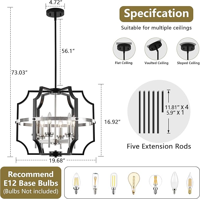 19.7'' Modern Chandelier 6-Light Black and Brushed Nickel Dining Room Light Fixture, Adjustable Industrial Drum Hanging Pendant Lights for Kitchen Island Hallway Entryway Foyer
