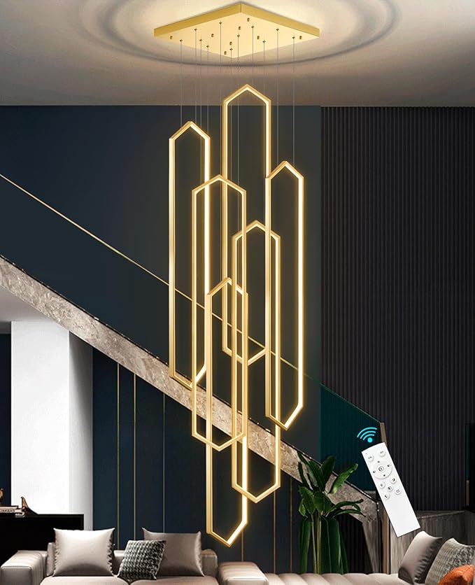 6-Rings Chandelier Modern, Gold Large Contemporary LED Light for Living Room Entrance, Dimmable Flush Mount High Ceiling Chandeliers with Remote Control for Villa Foyer