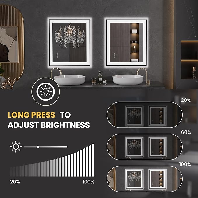 LOAAO 28"X32" LED Bathroom Mirror Black Framed, Anti-Fog, Dimmable, Lighted Bathroom Vanity Mirror for Wall, Memory Function, Tempered Glass