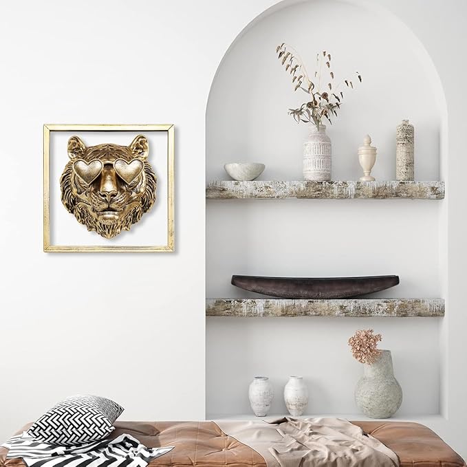 Animal Heads Wall Decor (Includes Metal Frame) Resin Animals Sculptures Head Wall Hanging Decoration Gold vintage Wall Sculpture for Living Room Bedroom Office(Tiger)