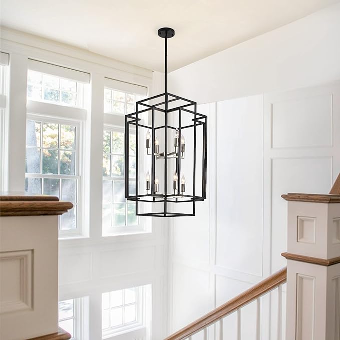 31.5" Farmhouse Chandelier, 8-Light Black & Silver Lantern Pendant Light, Modern Foyer Lighting Fixtures, Entryway Chandeliers for High Ceilings, for Living Room,Staircase,Hallway
