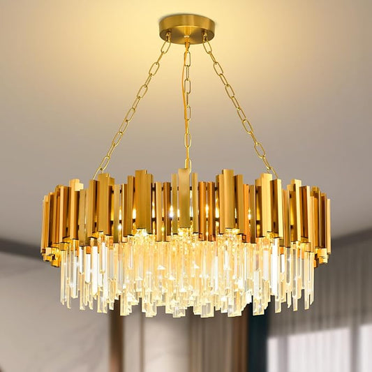 Modern Gold Crystal Chandelier Hanging Ceiling Light Fixture 12 Lights Round Crystal Chandeliers for Dining Room Pendant Light Fixture Crystal Chandeliers Living Room Bedroom Entryway W29in