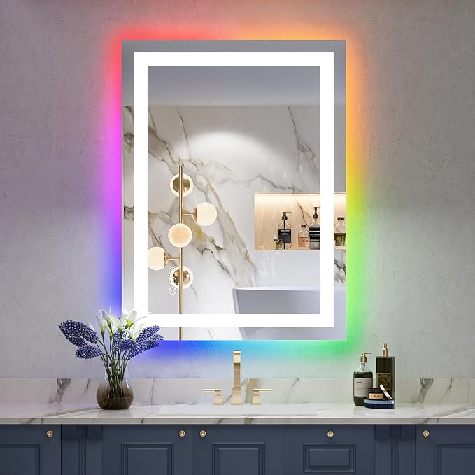 24x32 Inch RGB LED Bathroom Mirror Front Light and RGB Backlit Lighted Vanity Mirror for Bathroom Wall Mounted Dimmable Anti Fog Memory Shatter-Proof IP54 Waterproof Horizontal/Vertical