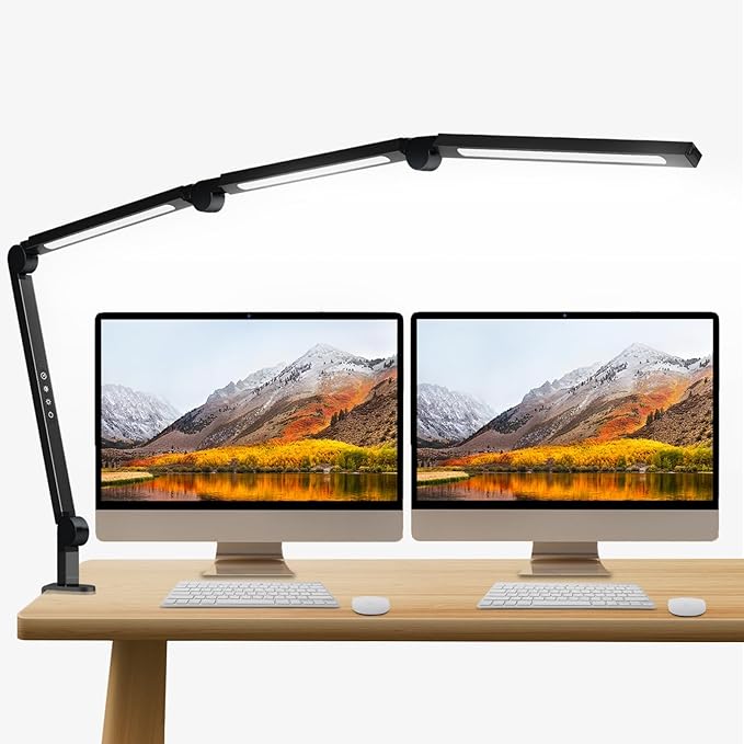 LED Desk Lamp with Clamp, Adjustable Swing Arm for Home Office, Dimmable Tempering Eye Care Table Light, Black Aluminum