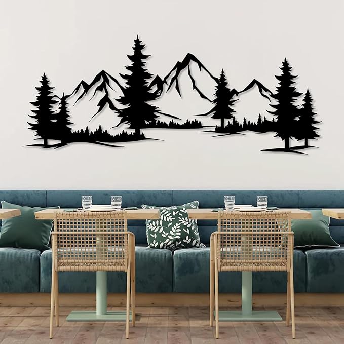 Metal Mountain Wall Art, Mountain Wall Decor, Forest Wall Hanging, Hill and Trees Metal Sign, Nature Range Wall Art, Nature Landscape for Living Room (Gold, 14"x35"|36x90cm)