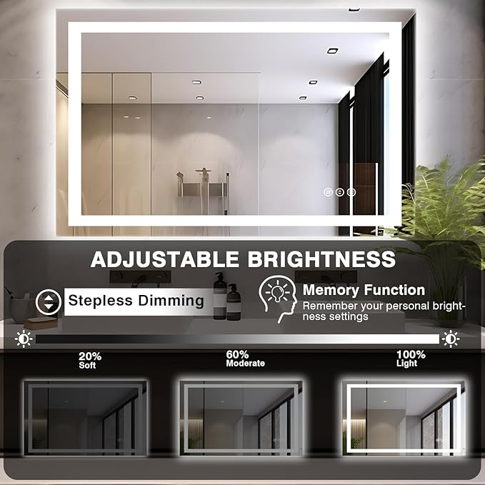 48"x32" LED Bathroom Mirrors for Wall, Front and Backlit Mirror, Anti-Fog Vanity Mirror with Lights, Stepless Dimmable Lighted Mirror, 3 Colors Smart Mirror (Horizontal/Vertical)