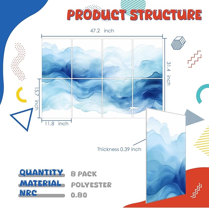 8 pack Art Acoustic Panels with Self-Adhesive,48 x 32Inches Acoustic Wall Art,Better Decorative Sound Proof Panels,Recording Studio/Home/Office Acoustical Treatment,Inks