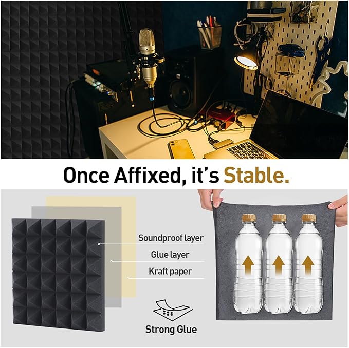 6 Pack Acoustic Panels, 12x12x2 Inch Acoustic Wall Panels Self Adhesive Soundproofing Panels with Strong Glue, High Density Acoustic Panels for Sound Absorption and Echo Control