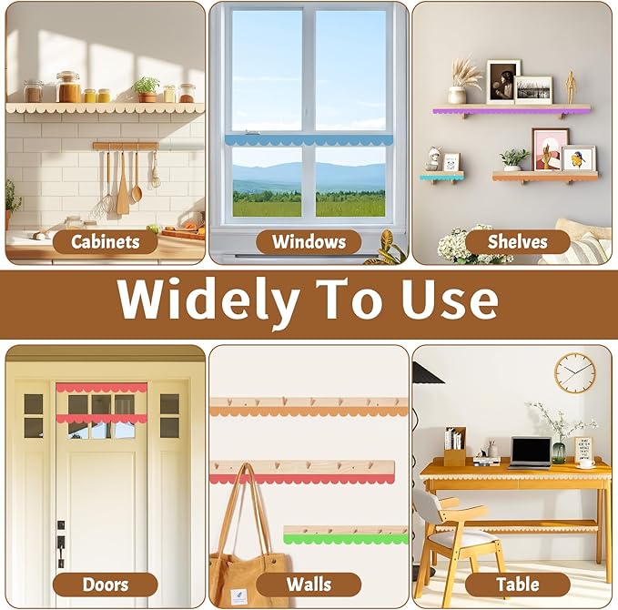 12Pcs Unfinished Scalloped Decorative Wood Trim with Glue Dots, 15.75" x 1.57" Scalloped Wooden Edging Trim Cute DIY Moulding Trim for Home Wall Cabinet Window Door Decor, Interior & Exterior Use