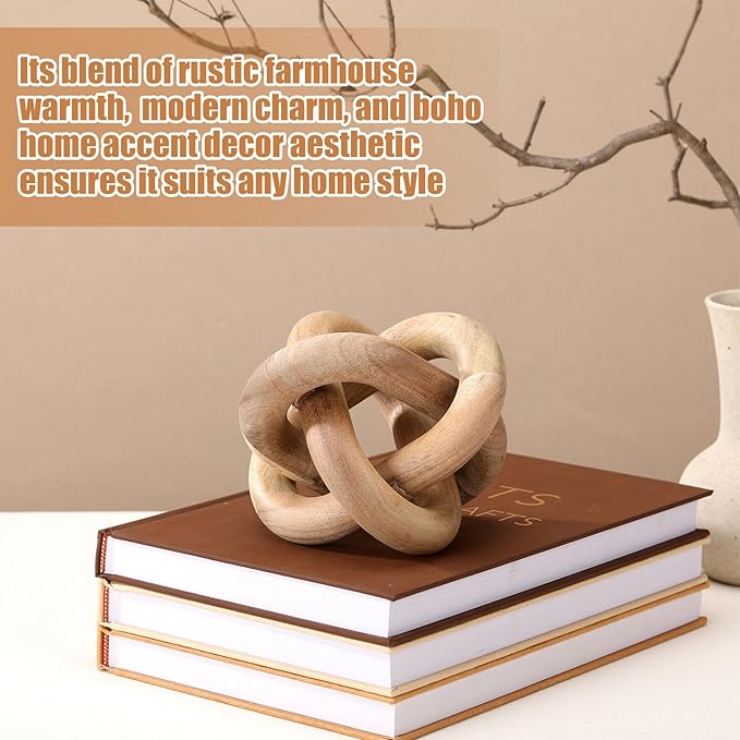 3 Link Wood Knot Decor - Hand Carved Coffee Table Decoration, Boho Chain Link Decor, Modern Shelf, Rustic Objects for Home Living Room Bedroom (Acacia Wood)