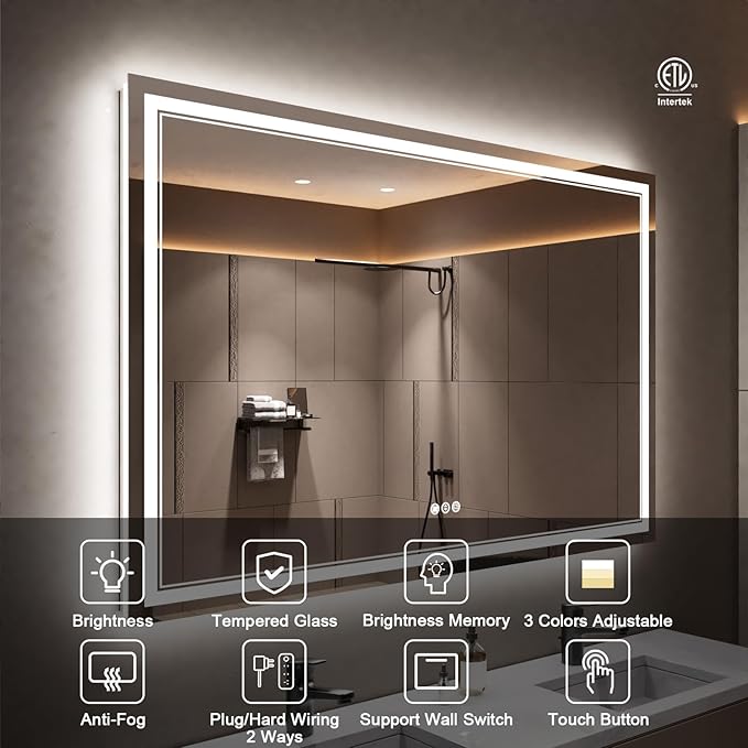 55 x 36 Inch LED Bathroom Mirror with Lights, Backlit and Front Lighted Bathroom Mirrors for Wall, Anti-Fog Dimmable Memory Shatterproof LED Vanity Mirror for Bathroom