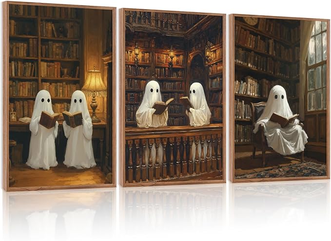 LHIUEM 16”X24”X3-Large Halloween Ghost Framed Wall Art Funny Ghosts Canvas Wall Decor Halloween Gothic Spooky Inspired Cute Ghosts Framed Pictures Vintage Creepy Ghost Artworks for Library Home Office