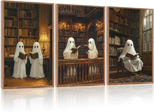 LHIUEM 16”X24”X3-Large Halloween Ghost Framed Wall Art Funny Ghosts Canvas Wall Decor Halloween Gothic Spooky Inspired Cute Ghosts Framed Pictures Vintage Creepy Ghost Artworks for Library Home Office