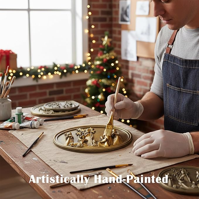 Christmas Vintage Wall Decor with 3D Resin Nativity Scene, Oval Antique Wall Sculpture Framed Christmas Manger Nativity Set for Bedroom Living Room Hallway