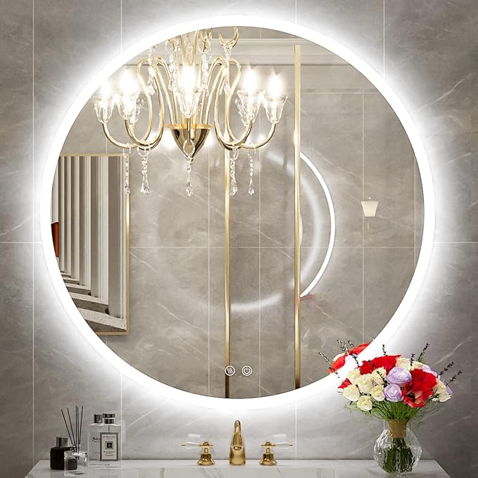36 Inch Round LED Bathroom Mirror - 6000K Daylight Backlit, Anti-Fog & Dimmable, Frameless Waterproof Mirror with Touch Control, CRI90+, IP54 for Vanity & Makeup