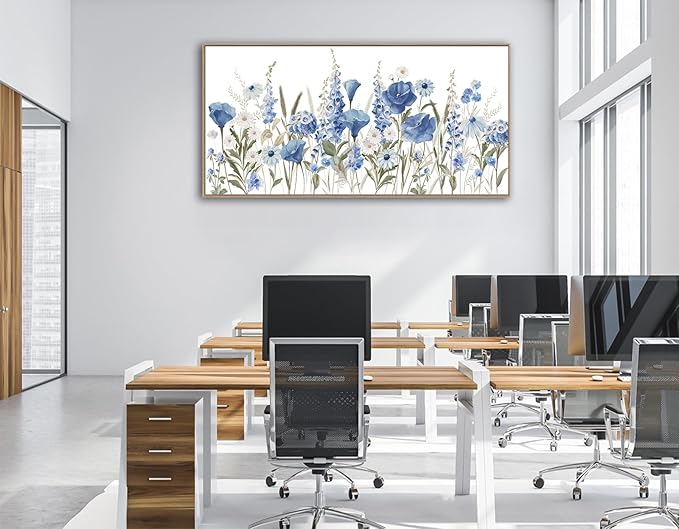 arteWOODS Elegant Flowers Framed Wall Art - Blue White Botanical Pictures for Wall Decor Floral Blossom Canvas Painting Print Artwork for Living Room Bedroom Home Office Wall Decoration 29" x 58"