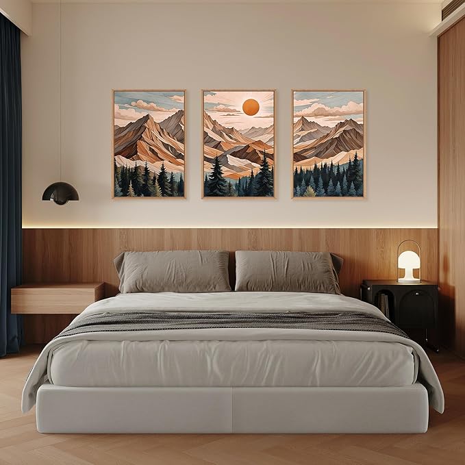KAIRNE Mountain Framed Wall Art Set of 3, Wooden Mountain Forest Wall Decor, Boho Pine Tree Landscape Wall Painting, Woodcut Wilderness Scenery Art Prints for Living Room, Bedroom, Office -16"x24"