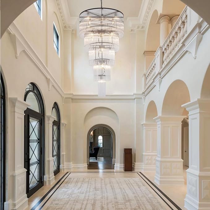 Large Black Chandeliers for High Ceilings H49 5-Tier Glass Chandelier Light Fixture for Foyer Dining Room Extra Long Modern Tiered Chandelier for Living Room Entranc Stairway Villa