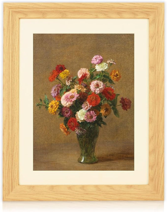 Brivoria Framed Canvas Wall Art Vintage Decor, Classical Floral Art Print with Mat Showing Colorful Zinnias in Vase and Warm Tones for Hallway Dining Room or Seasonal Autumn Wall Decoration, 13"x16"