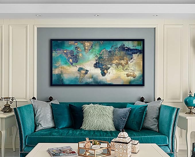 Large World Map Canvas Prints Wall Art for Living Room Office "29x58" Green World Map Picture Artwork Decor for Home Decoration Black Framed Wall Art