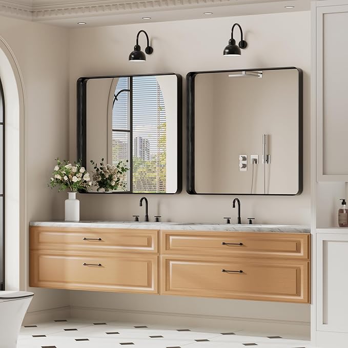 Koonmi Black Wall Mirror for Bathroom, 30x30 Inch Matte Deep Framed Rounded Rectangle Vanity Mirror for Farmhouse Living Room, Tempered Glass, Anti-Rust, Vertically or Horizontally