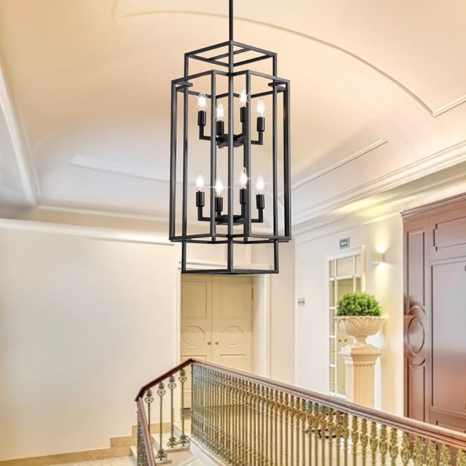 Black Farmhouse Chandelier, Large Chandeliers for High Ceilings, 8-Light Tiered Lantern Pendant Light Modern Foyer Lighting Fixtures, for Entryway Staircase
