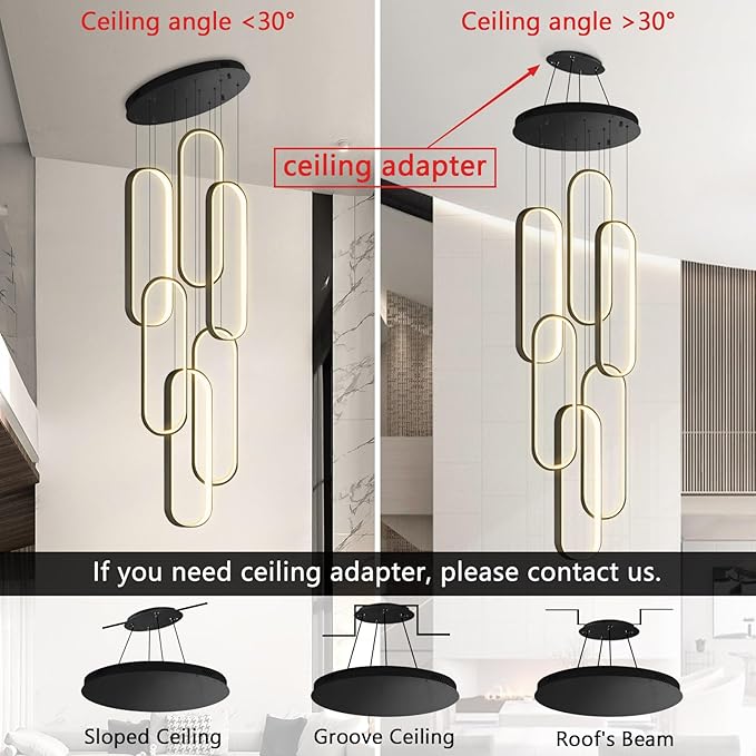 6 Rings Modern Chandelier LED Dimmable Flush Mount Ceiling Light for Foyer Living Room Staircaes Black