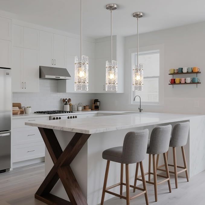 Brushed nickel Crystal Pendant Light for Kitchen Island, Luxury Mini Water Ripple Glass Chandelier Fixture, Modern Round Adjustable Hanging Pendant Lighting for Dining Room Bathroom Hallway (3-Pack)