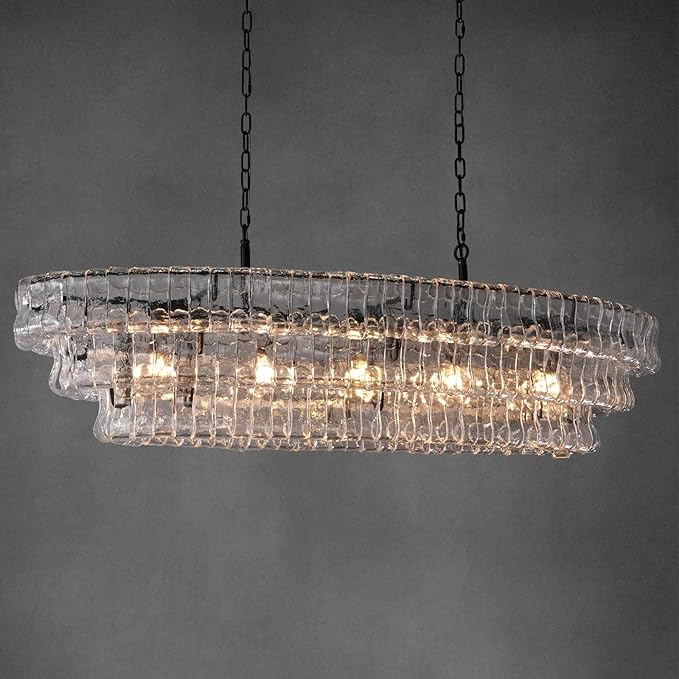 54 Inch Large Rectangular Black Chandelier for Dining Room, Clear Glass Drum Modern Pendant Light Fixture, Extra Long Kitchen Island Lighting