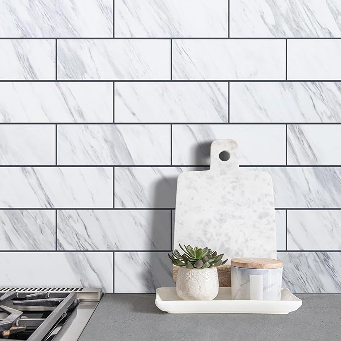AULIGET 6" x 12" White Marble Peel and Stick Backsplash Wall Tiles, PVC Faux Stone Stick on Tiles for Backsplash Kitchen, Bathroom, Laundry Room, Camper, Fireplace (Pack of 20)
