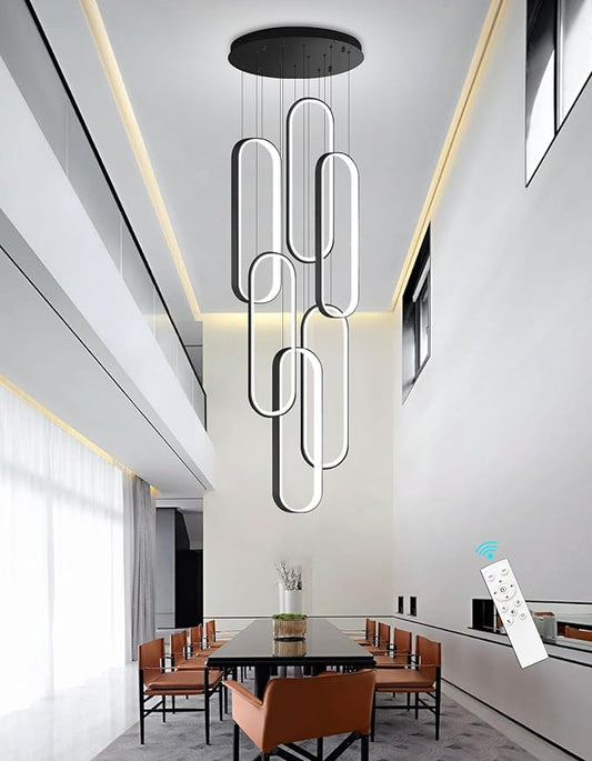 6 Rings Modern Chandelier LED Dimmable Flush Mount Ceiling Light for Foyer Living Room Staircaes Black