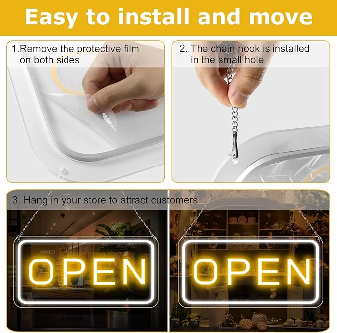 22.8"x 11.8" Ultra Bright 12V Neon Open Sign for Business, LED Open Neon Sign, Electric Light up Signs for Stores, Restaurants Offices Retail Shops Window (Yellow-White-Horizontal)