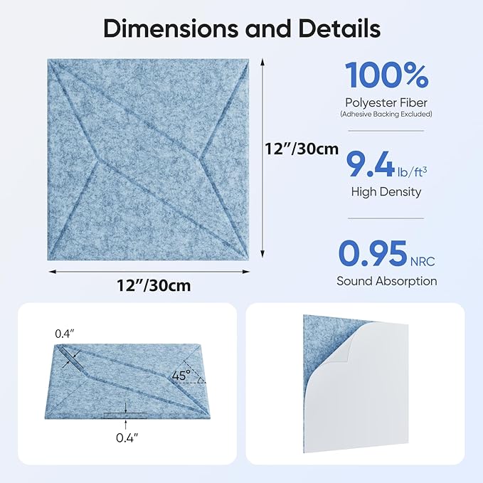12 Pack 12" X 12" X 0.4" Acoustic Panels for Wall Sound Absorbing, P-Stripes Square Self-Adhesive Sound Panels, High Density Suitable for Multiple Scenarios(Light Sky Blue)