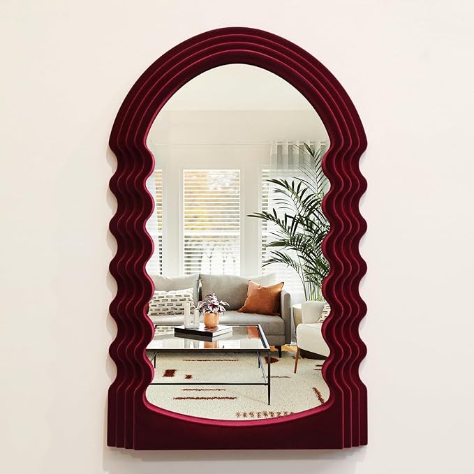 Mirror Wall Decor for Home Office Apartment, Colorful Decorative Mirror for Entryway Porch Fireplace, Irregular Hanging Wall Art Sculpture for Christmas (Wine Red)