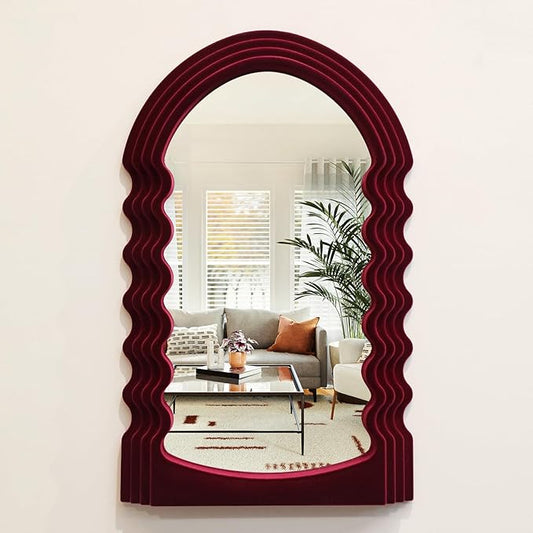 Mirror Wall Decor for Home Office Apartment, Colorful Decorative Mirror for Entryway Porch Fireplace, Irregular Hanging Wall Art Sculpture for Christmas (Wine Red)