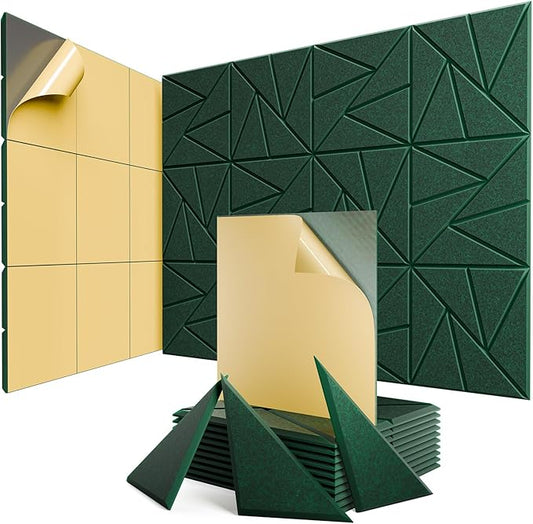 12 pack Acoustic Panels With Self-Adhesive, 12"X 12"X 0.4"Sound Proof Foam Panels, Sound Panels High Density, Soundproof Wall Panels for Home Studio Office Forest Green